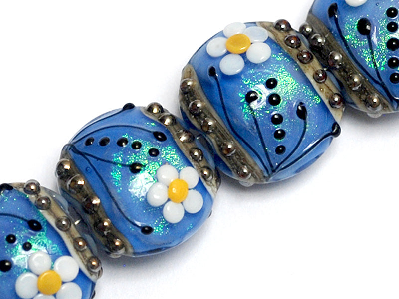 10414212 - Four Arctic Blue Florals Lentil Beads