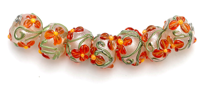 10705901 - Seven Vermilion Flower Rondelle Beads