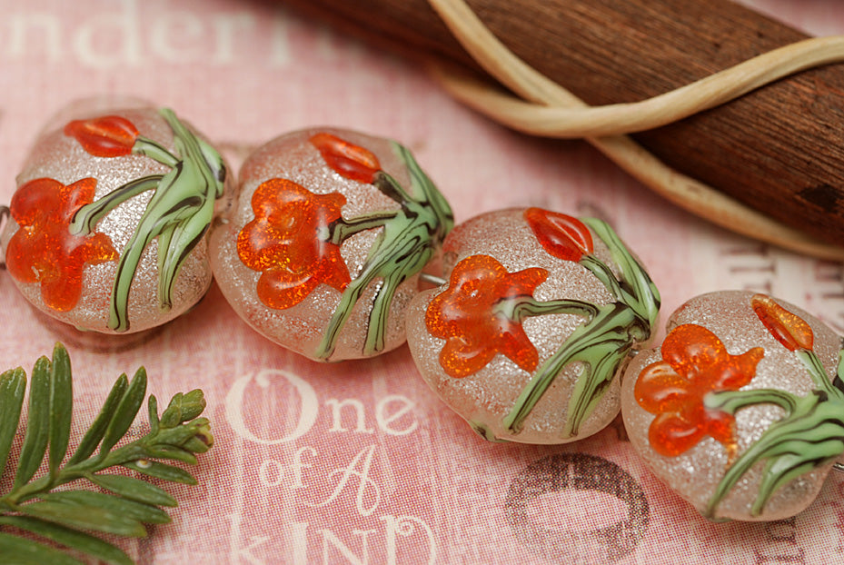 10705912 - Four Vermilion Flower Lentil Beads