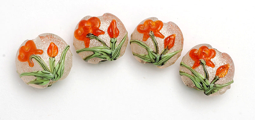 10705912 - Four Vermilion Flower Lentil Beads