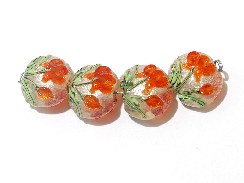 10705912 - Four Vermilion Flower Lentil Beads