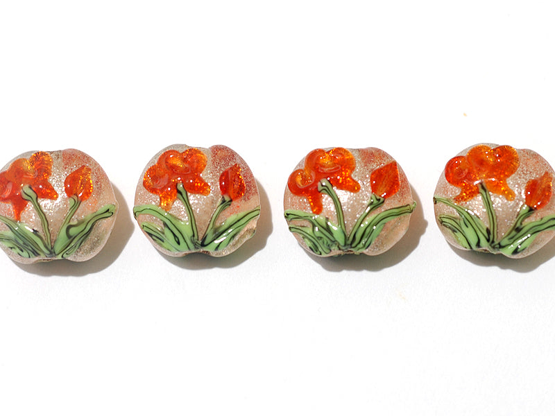 10705912 - Four Vermilion Flower Lentil Beads