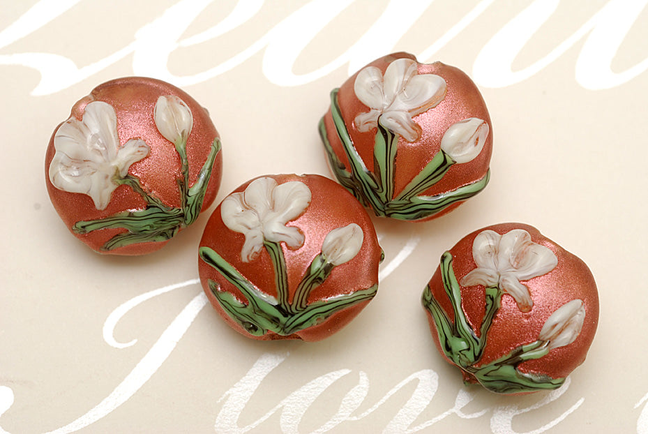 10706212 - Four Ivory Mist Flower on Coral Lentil Beads