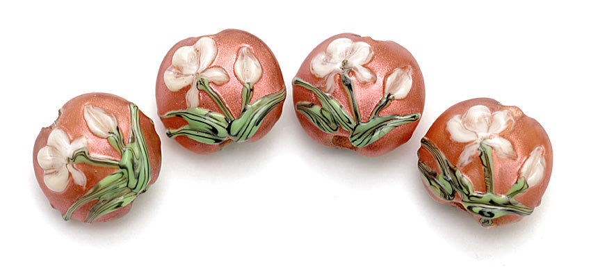 10706212 - Four Ivory Mist Flower on Coral Lentil Beads