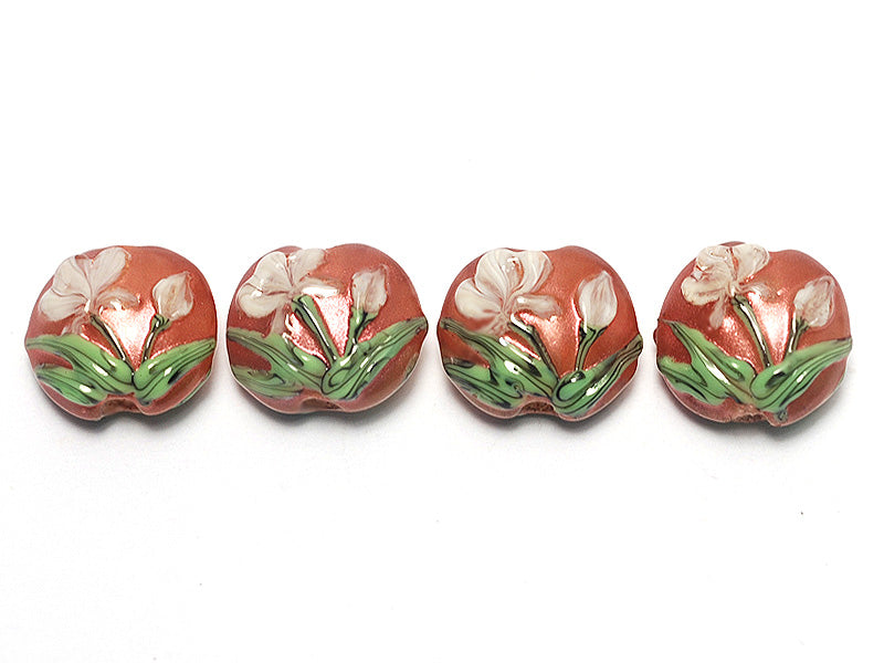 10706212 - Four Ivory Mist Flower on Coral Lentil Beads