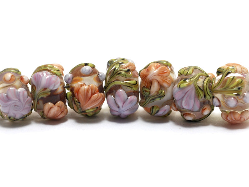 10801001 - Seven Light Pink w/Orange Floral Rondelle Beads