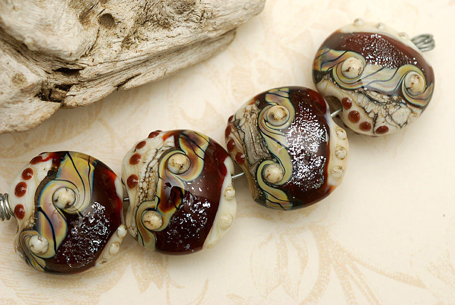 10902812 - Four Dark Cherry Stardust Lentil Beads