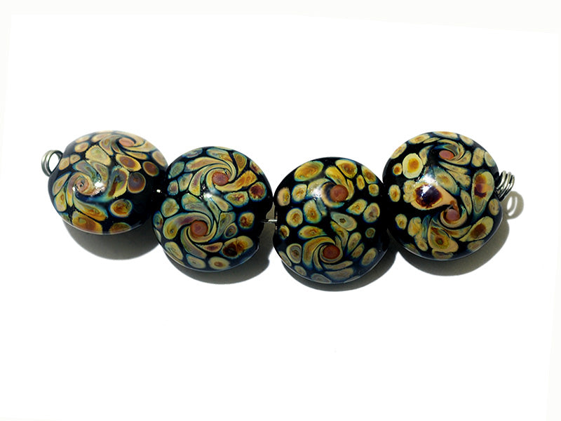 11200812 - Four Black w/Twisted Beige Dots Lentil Beads