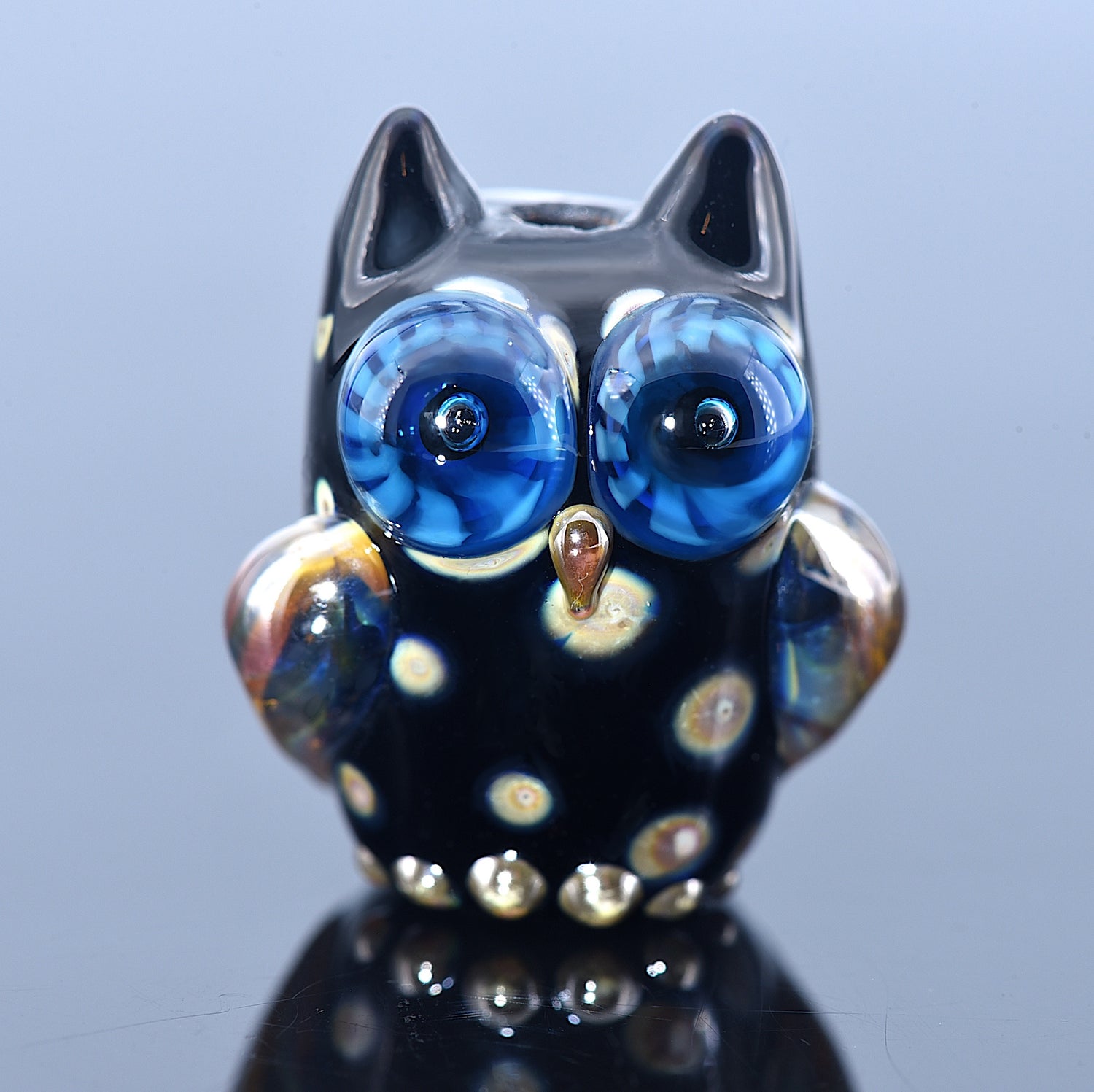 OWL-M-03 - Free Style Owl Bead with Black Base and Silver Dots, size M