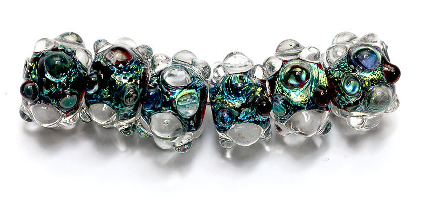 AB01021 - Six Green w/Dark Red Dots Dichro Boro Rondelle Beads