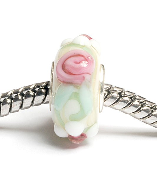 SC10012 - Large Hole Ivory w/Pink Flower Rondelle Bead