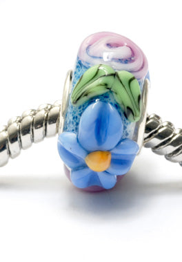 SC10065 - Large Hole Blue w/Pink Raised Flower Rondelle Bead