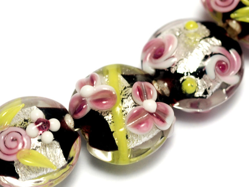 10106502 - Seven Pink/Black/Green Silver Foil Lentil Beads