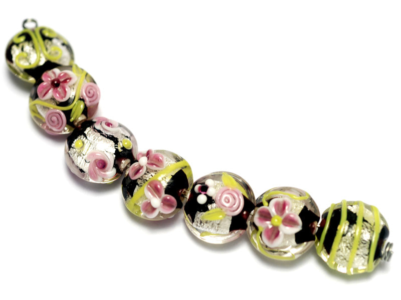 10106502 - Seven Pink/Black/Green Silver Foil Lentil Beads