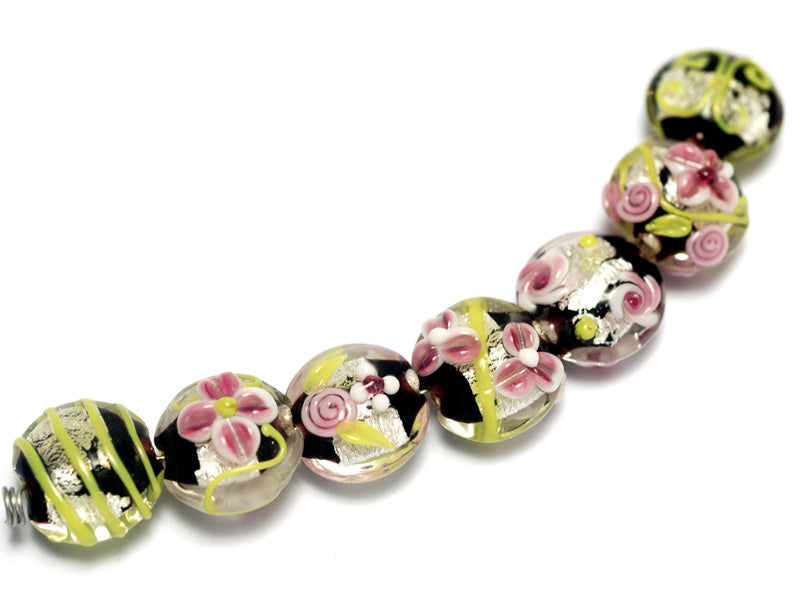 10106502 - Seven Pink/Black/Green Silver Foil Lentil Beads