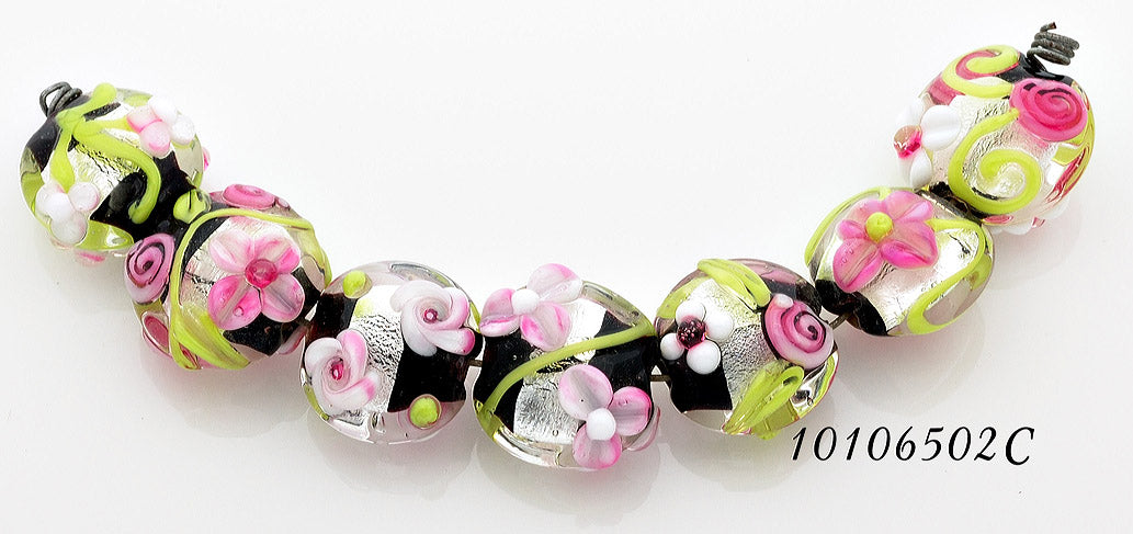 10106502 - Seven Pink/Black/Green Silver Foil Lentil Beads