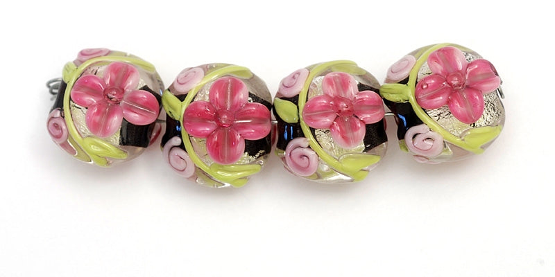 10106512 - Four Pink/Black/Green Silver Foil Lentil Beads