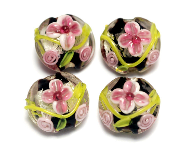 10106512 - Four Pink/Black/Green Silver Foil Lentil Beads