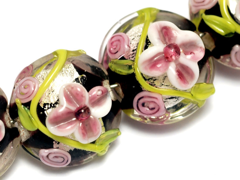 10106512 - Four Pink/Black/Green Silver Foil Lentil Beads