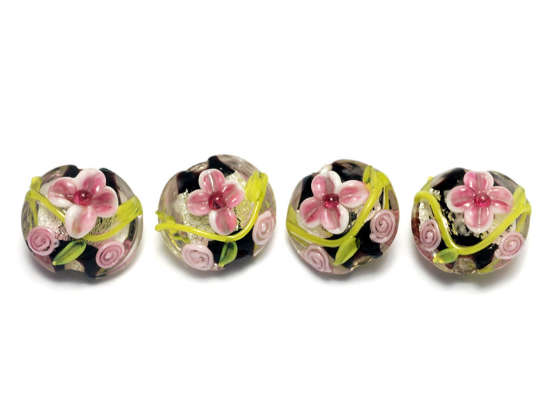 10106512 - Four Pink/Black/Green Silver Foil Lentil Beads