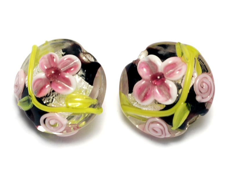 10106512 - Four Pink/Black/Green Silver Foil Lentil Beads