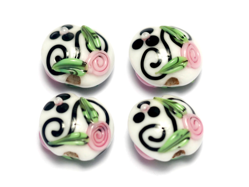 10107512 - Four White w/Black & Pink Flowers Lentil Beads