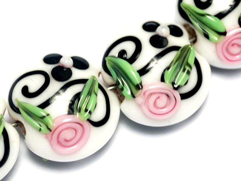 10107512 - Four White w/Black & Pink Flowers Lentil Beads