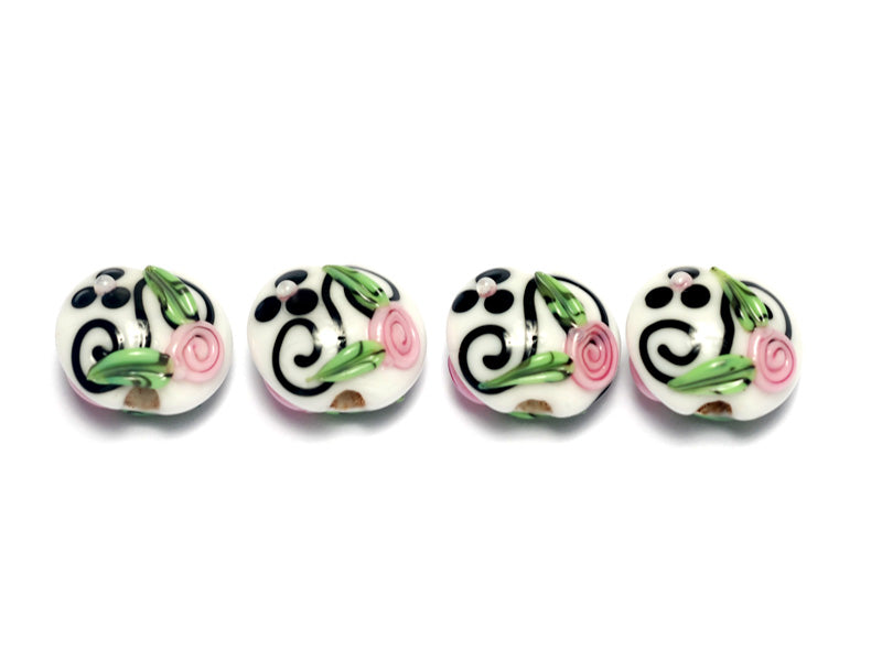 10107512 - Four White w/Black & Pink Flowers Lentil Beads