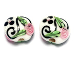 10107512 - Four White w/Black & Pink Flowers Lentil Beads