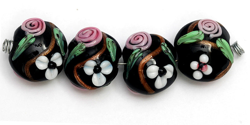 10107522 - Four Black w/White & Pink Flowers Lentil Beads