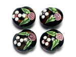 10107522 - Four Black w/White & Pink Flowers Lentil Beads