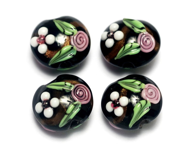 10107522 - Four Black w/White & Pink Flowers Lentil Beads