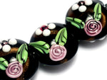 10107522 - Four Black w/White & Pink Flowers Lentil Beads