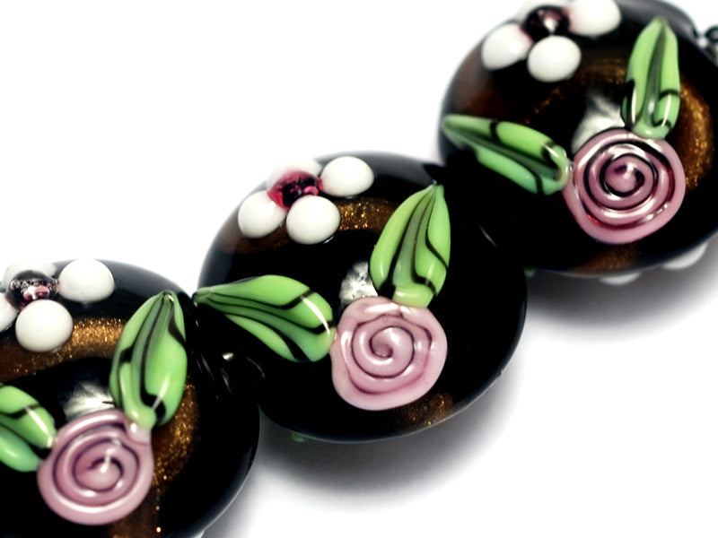 10107522 - Four Black w/White & Pink Flowers Lentil Beads