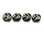 10107522 - Four Black w/White & Pink Flowers Lentil Beads