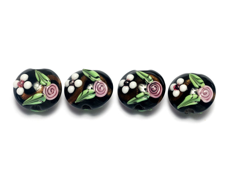 10107522 - Four Black w/White & Pink Flowers Lentil Beads