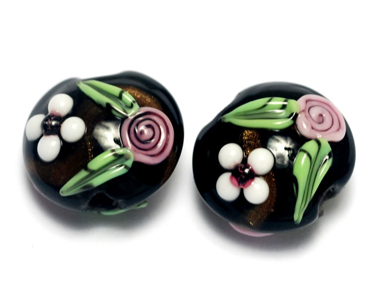10107522 - Four Black w/White & Pink Flowers Lentil Beads