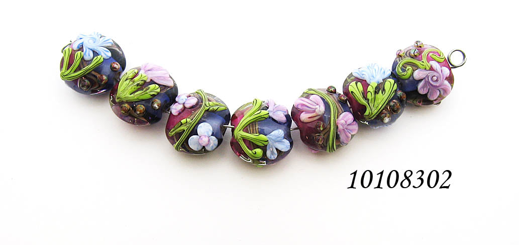 10108302 - Seven Hot Pink w/Purple Floral Lentil Beads