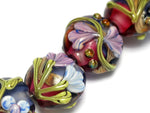 10108302 - Seven Hot Pink w/Purple Floral Lentil Beads