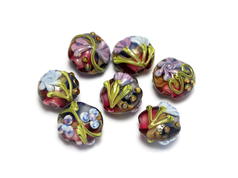 10108302 - Seven Hot Pink w/Purple Floral Lentil Beads