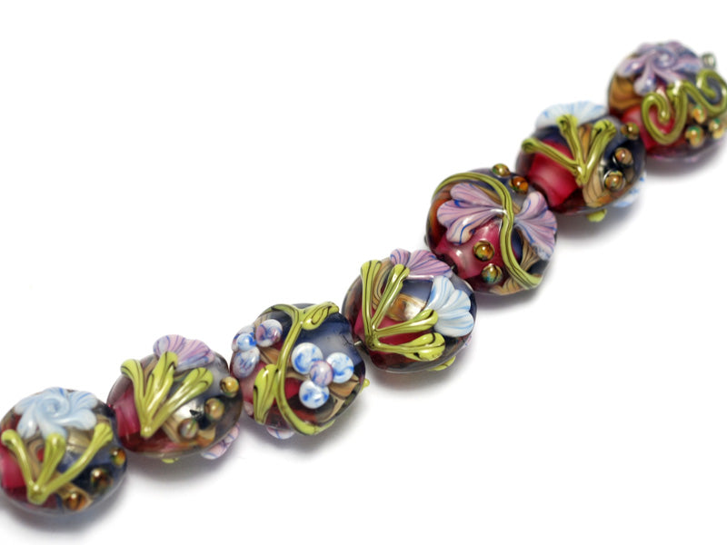10108302 - Seven Hot Pink w/Purple Floral Lentil Beads