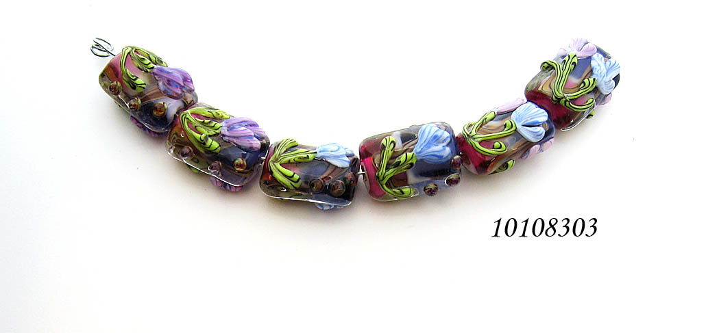 10108303 - Six Hot Pink w/Purple Floral Mini Kalera Beads