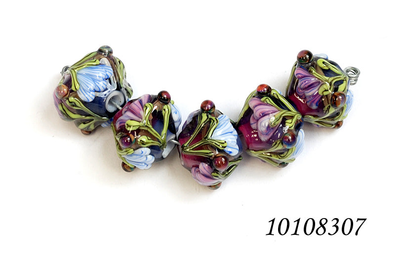 10108307 - Five Hot Pink w/Purple Floral Crystal Beads