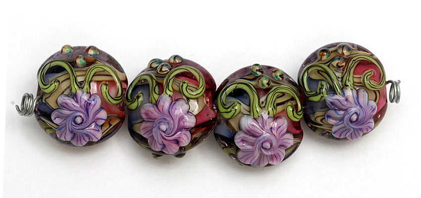 10108312 - Four Hot Pink w/Purple Floral Lentil Beads