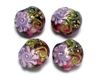 10108312 - Four Hot Pink w/Purple Floral Lentil Beads