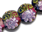 10108312 - Four Hot Pink w/Purple Floral Lentil Beads