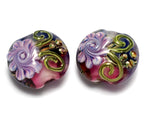 10108312 - Four Hot Pink w/Purple Floral Lentil Beads
