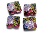10108314 - Four Hot Pink w/Purple Floral Pillow Beads