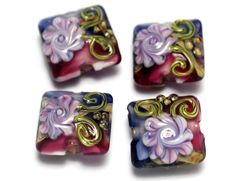 10108314 - Four Hot Pink w/Purple Floral Pillow Beads