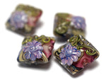 10108314 - Four Hot Pink w/Purple Floral Pillow Beads